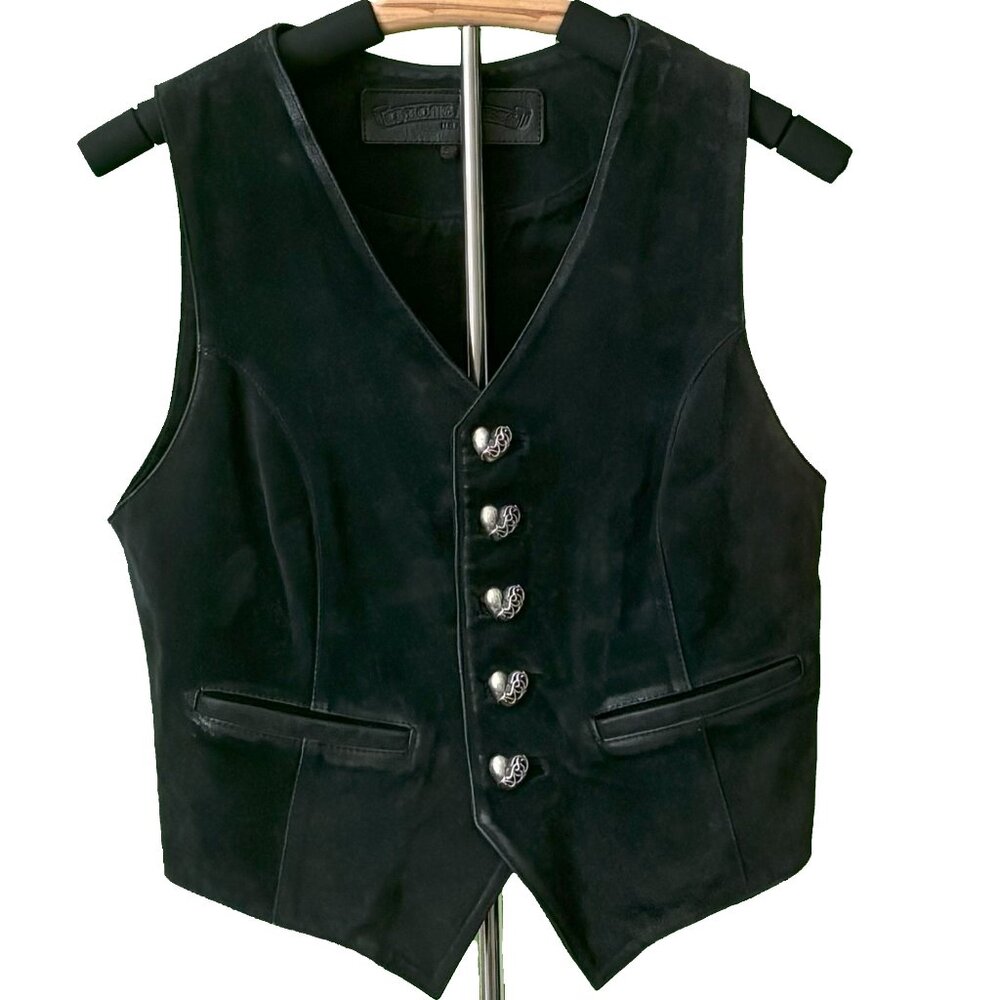 Chrome Hearts Navy Suede Vest w/ Sterling Silver Heart Buttons (Vintage)